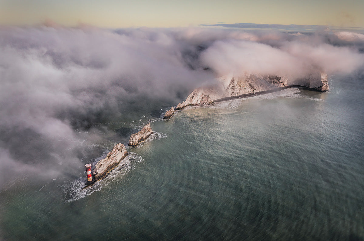 Needles Mist Fog Aerial Fire Photograph Isle of Wight Landscape Prints